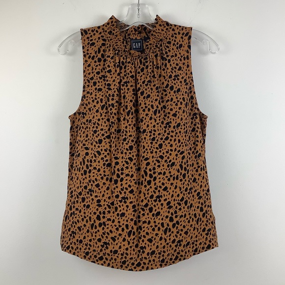 GAP Sleeveless Ruffle Neck Leopard Print Top in Brown/Black Multi - Picture 1 of 4